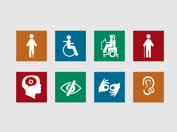 Image reprenant les pictogrammes caractérisant différentes situations de handicap : mobilité, neurologique, mental, vue, langage, audition
